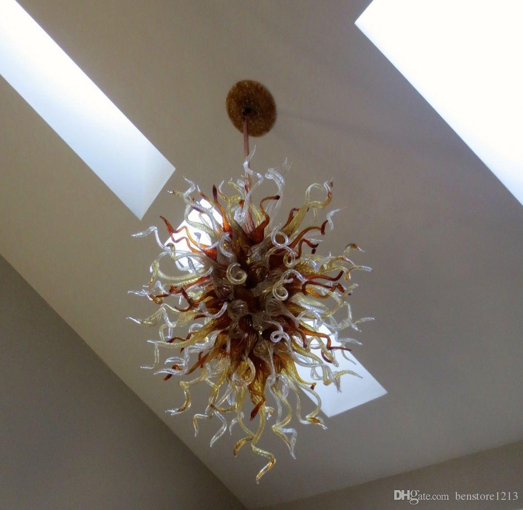 Handicraft Art Glass Chain Crystal Chandelier Golden Color Ceiling Hanging Lamp LED Light 100% Handmade Blown Glass Pendant Chandelier Light