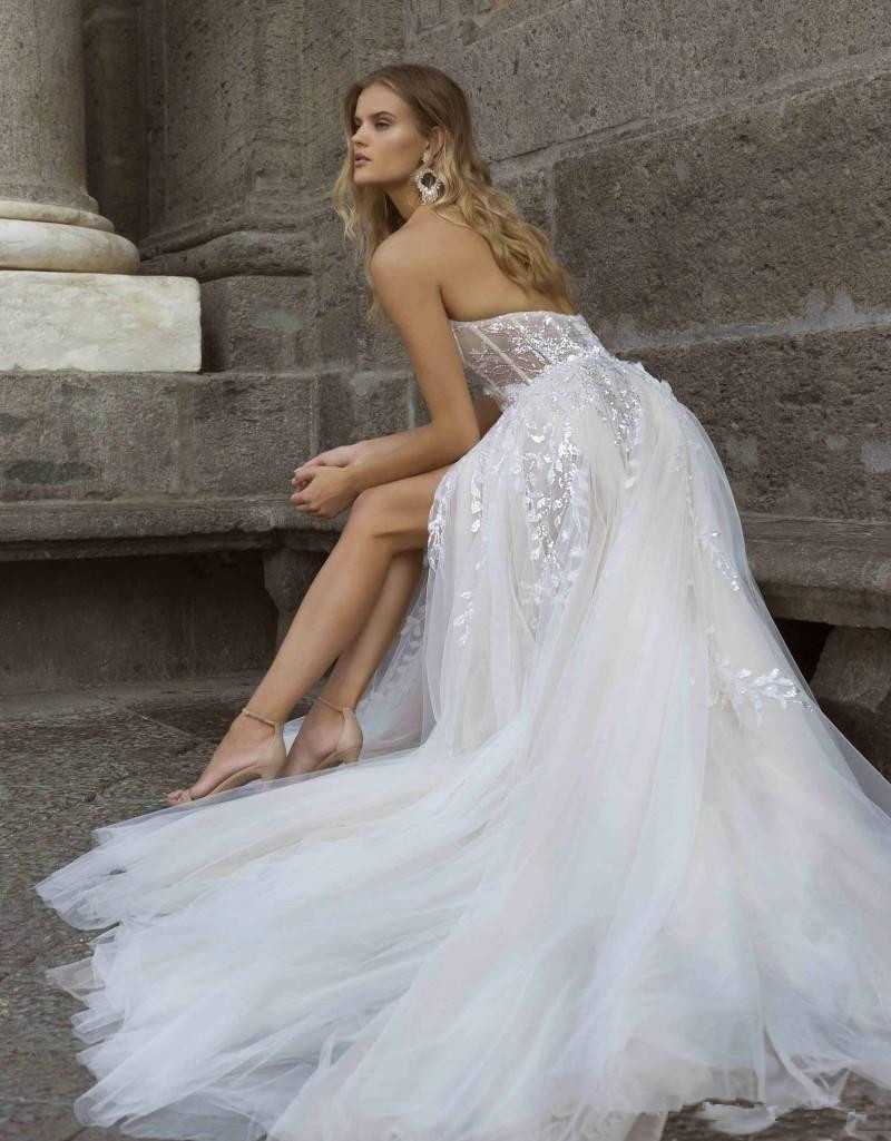 Berta Side Split 2020 Boho Wedding Dresses Lace Appliqued Beach Sweetheart Backless Bridal Gowns A Line Tulle Vestido De Novia