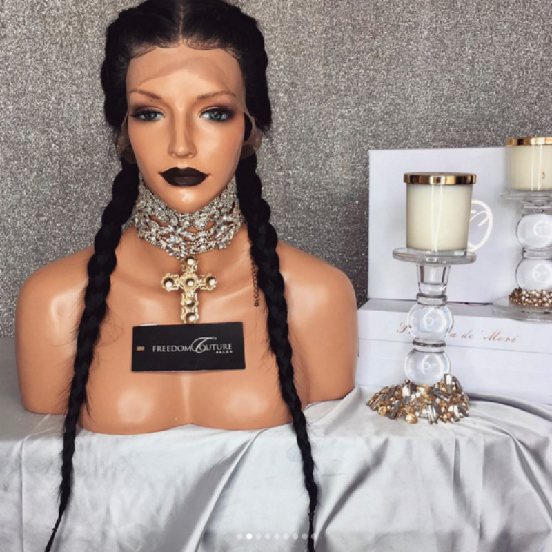 Chemical fiber front lace wig women half-hand hook stylish black long straight hair big braids jaundice fish bone braids