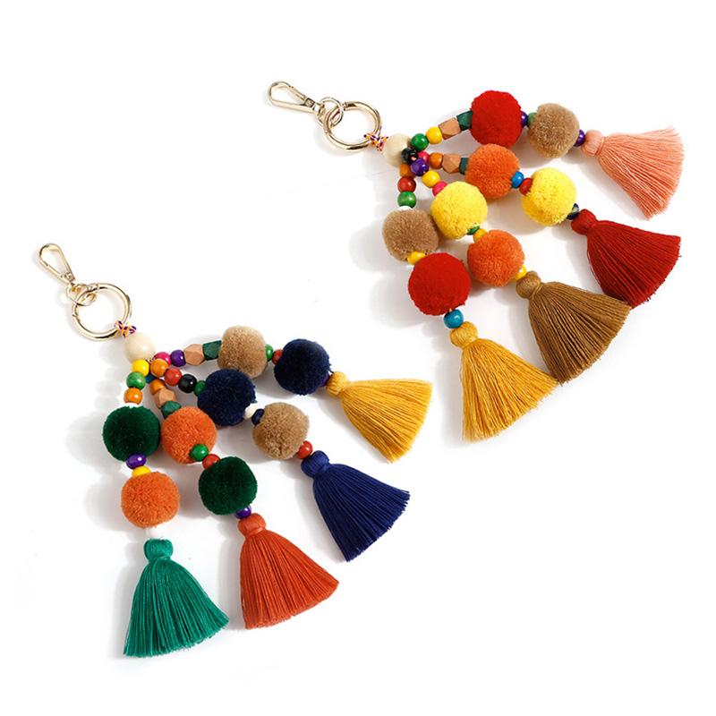 Bohemian Handmade Bag Pendant Key Ring with Tassels Women Accessories Charm Pompom Keychain Gift for Summer Keyring Chain