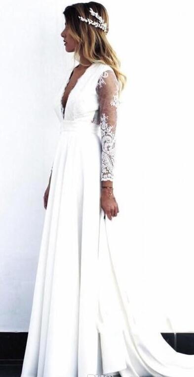 2020 Lace Bohemian Wedding Dresses deep v neck Vintage Lace Long Sleeve Boho Wedding Dress Open Back Bridal Gowns vestido de noiva