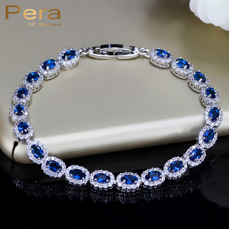 Pera Fashion Women Sterling Silver 925 Jewelry Summer Design Dark Blue CZ Crystal Topaz Oval Bracelets for Mothers Day B070 CX200702