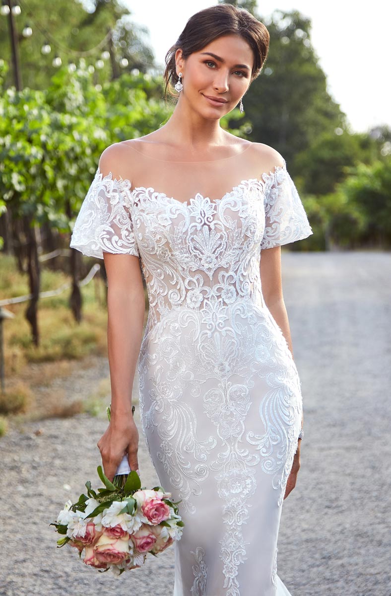 Kittychen Mermaid Wedding Dresses Short Sleeve Off Shoulder Lace Sweep Train Bridal Gowns Beach Boho Garden Sheer Back Vestido De Novia