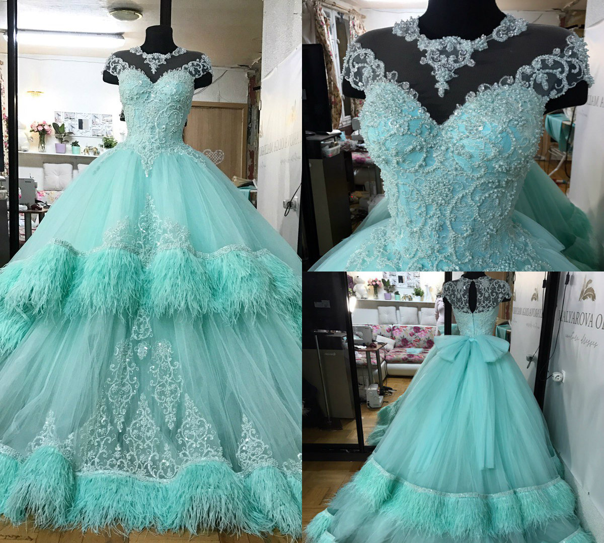 Luxury Quinceanera Dresses Lace Applique Beads Feather Cap Sleeve Blue Ball Gown Sweep Train Sweet 15 Gowns Plus Size Prom Dress Custom Made