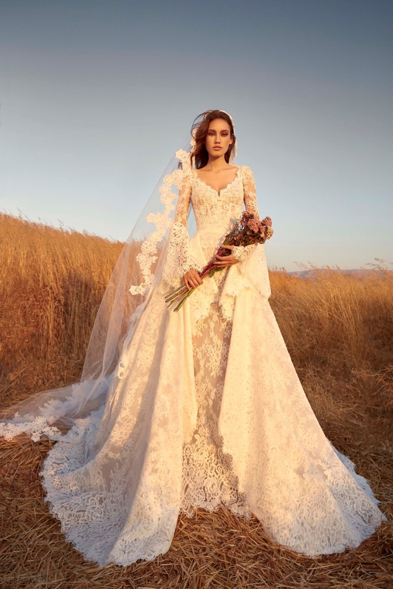 Full Lace A Line Wedding Dresses With Detachable Train V Neck Long Sleeve Appliqued Bridal Gowns Floor Length Lastest Wedding Dress