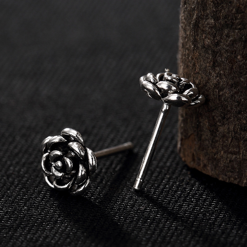 Retro Silver Rose Flower Stud Earrings Jewelry S925 Sterling Silver Prevent Allergy Ear Bone Nail Earrings