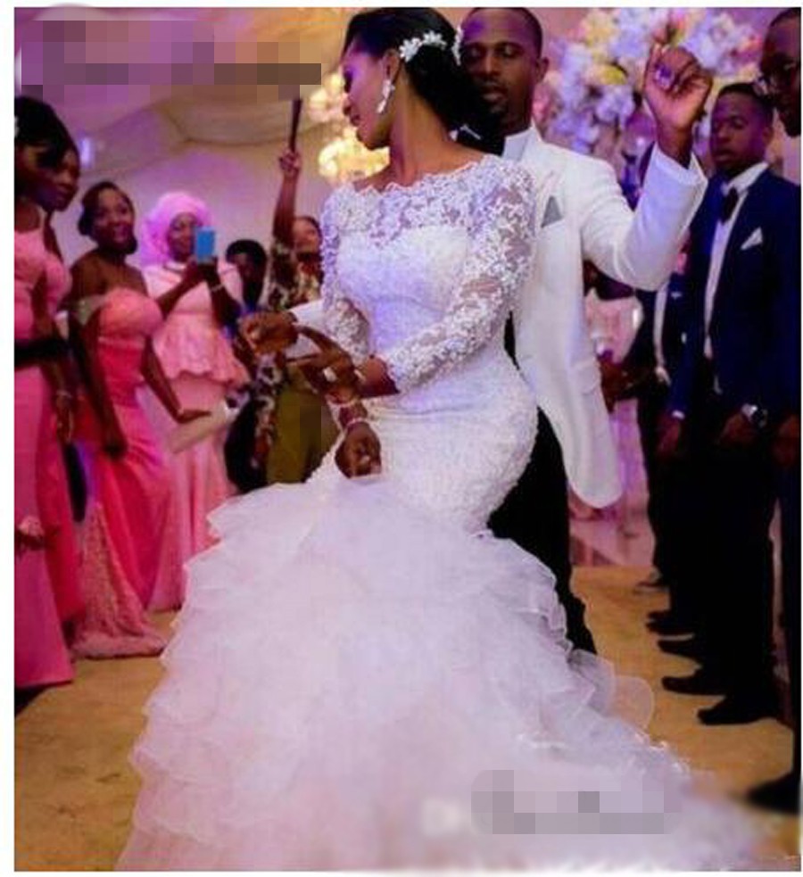 vintage Boat Neck Tassle Tail Tiered Mermaid Dresses Africa New 2020 Long Sleeves cascading ruffles Beading Lace Wedding Dress