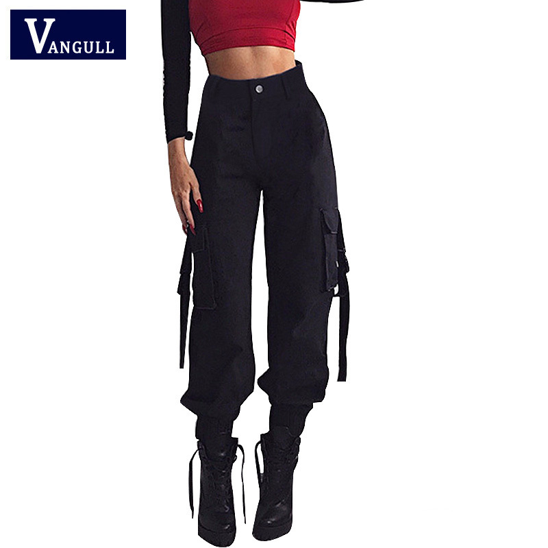 Vangull Long Cargo Women High Waist Pants Buckle Big Pockets Female Trousers Streetwear Pant 2019 New Fashion Sweatpants C19041102