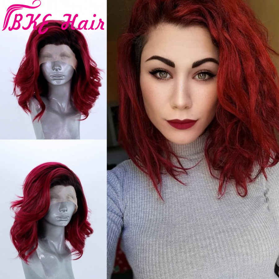 Free shipping Short Bob Glueless 13*3 synthetic Lace Front Ombre red Color for women 150 Density Brazilian wavy Wigs Pre Plucked