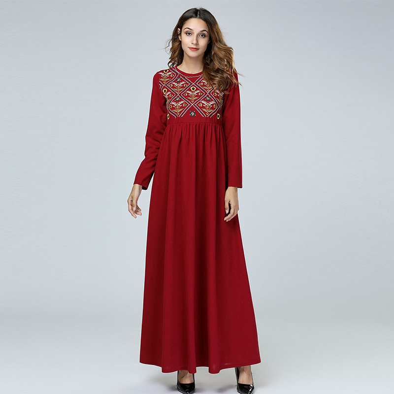 Middle East Afghani Abaya Dubai Red Muslim Dress Flowers Embroidery Kaftan Robe Turkish Islamic Plus Size Clothing Long Dresses