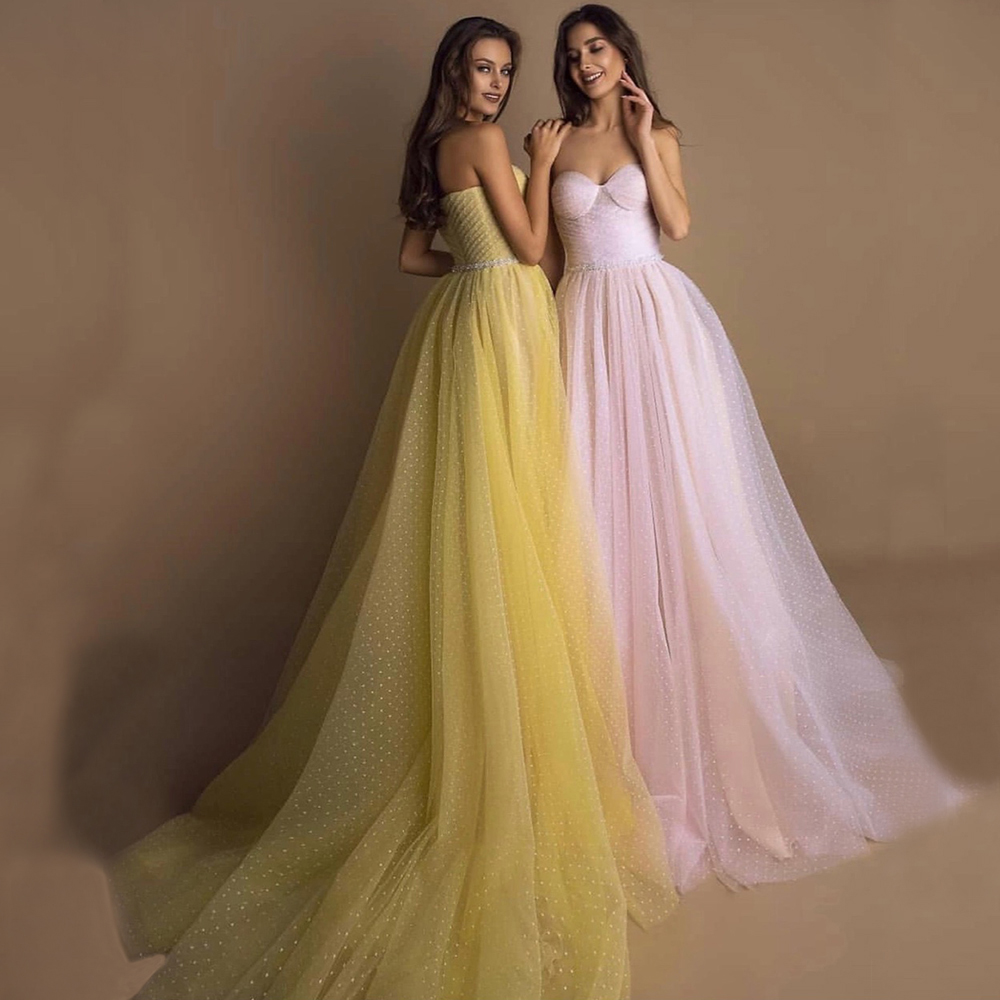 2020 Yellow Prom Dresses Long Pink Party Dress Dot Tulle A-line Evening Gowns Latter Sleeves Elegant Formal Dresses Vestido