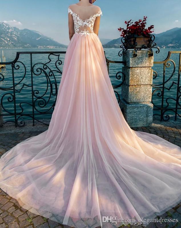 Sheer Short Sleeves A Line Wedding Dresses Modest Bridal Lace Appliques Tulle Chapel Train Long Vestidos De Soiree Beach Gowns