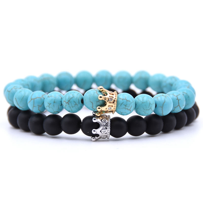 Jewelry 2pc Men's and Women's 8mm Mixed Style Crown Energy Stone Beads Elastic Bracelet Couple