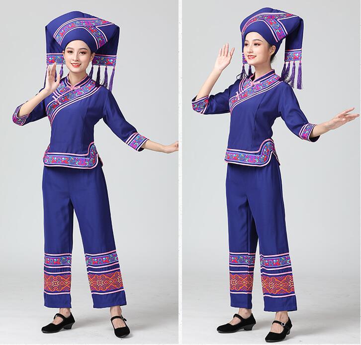 HuNan tujia miao Outfit Hat + Jacket + Pants Guangxi zhuang Garment minority dance dress Lady Enthnic Vacation party costume