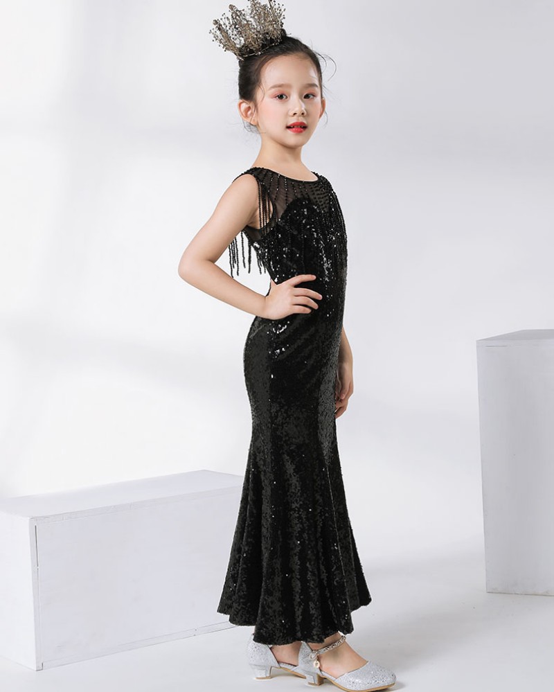 2020 Cute Kids Formal Wear Black Sequins Flower Girls Dresses For Wedding Children Pageant Dresses Ball Gown