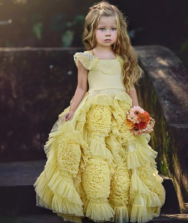 Cute 2020 Flower Girls Dresses For Wedding Multilayer 3D Flowers Kids Formal Wear Applique Floor Length Girl's Pegeant Dress 0431