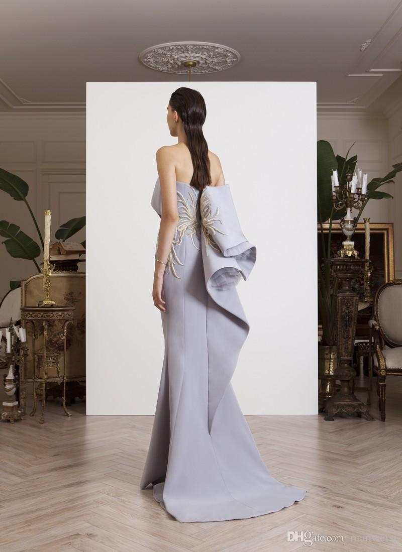 Azzi Osta 2020 Designer Mermaid Prom Dresses Embroidery Strapless Neck Celebrity Party Gowns Sweep Train Satin Formal Evening Dress