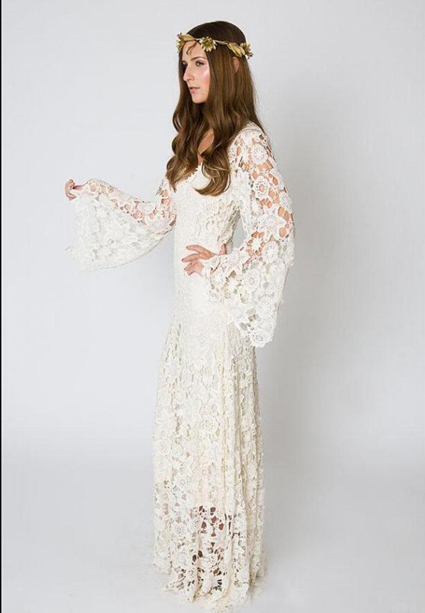 Bohemian Beach Wedding Dresses long sleeves 2020 deep v neck BELL SLEEVE LACE Crochet Hippie Wedding Dress Floor Length Boho Bridal Gowns