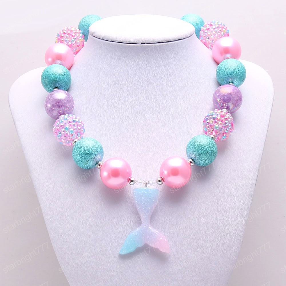 handmade chunky bubblegum beaded necklace for kids girls charm mermaid tail pendant necklace DIY baby jewelry gift