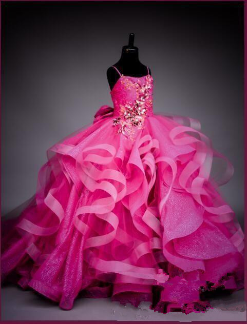 Lovely Fuchsia Ball Gown Girls Pageant Dresses Crystals Beaded Puffy Tiered Ruffle Party Birthday Gowns Flower Girl Dress For Weddings