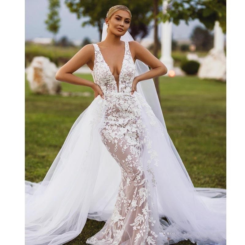 African Deep V-neck Mermaid Bridal Dresses with Detachable Train Lace Appliques Tulle Overskirt Wedding Dress BC3478