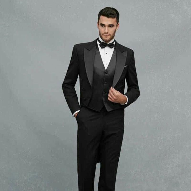 Latest Design Black Tailcoat Wedding Men Suits Peak Lapel Three Pieces Business Groom Tuxedos (Jacket+Pants+Vest+Tie) W1135