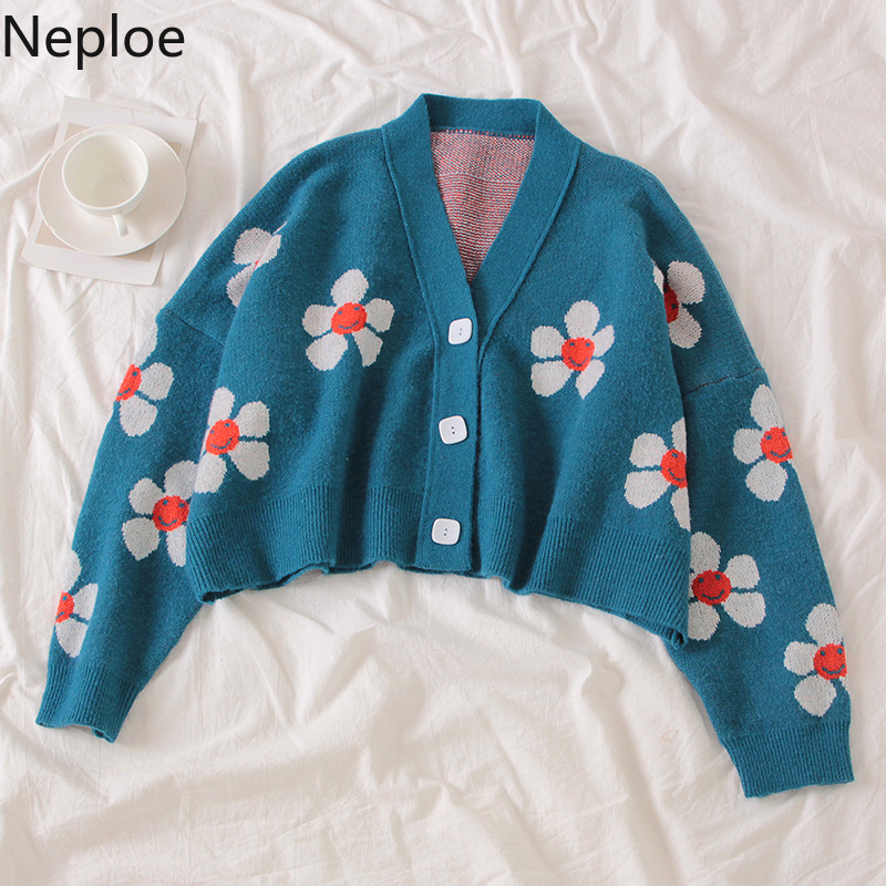Neploe Preppy Style Flower Knit Cardigans Sweater Women V Neck Loose elegaht Thicked Pull Femme Print Short Casual Coat 46565 T200319