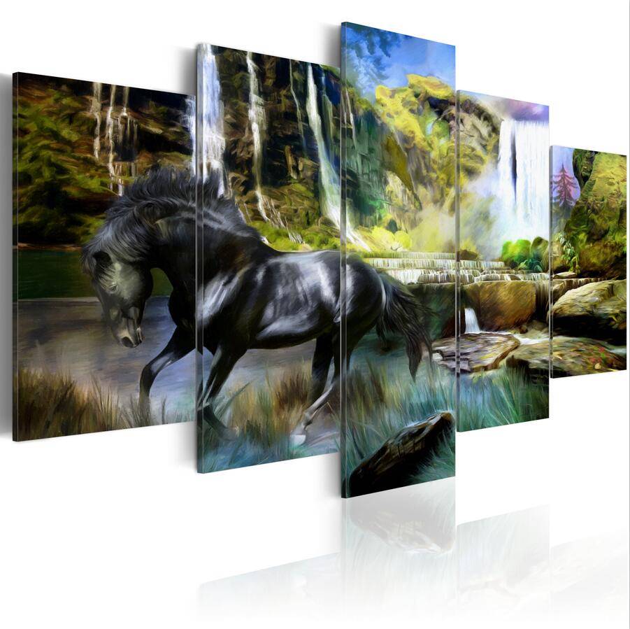 5pcs/set Unframed Black Horse HD Print On Canvas Wall Art Picture For Home and Living Room Decor 2 color
