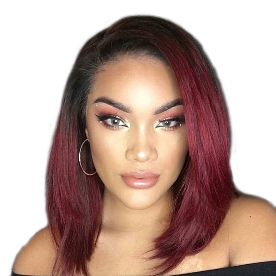 14 Inchmiddle Part Short Straight Bob Full Hair Wigs Black Ombre Bury Red Synthetic Lace Front Wig For Afro Women