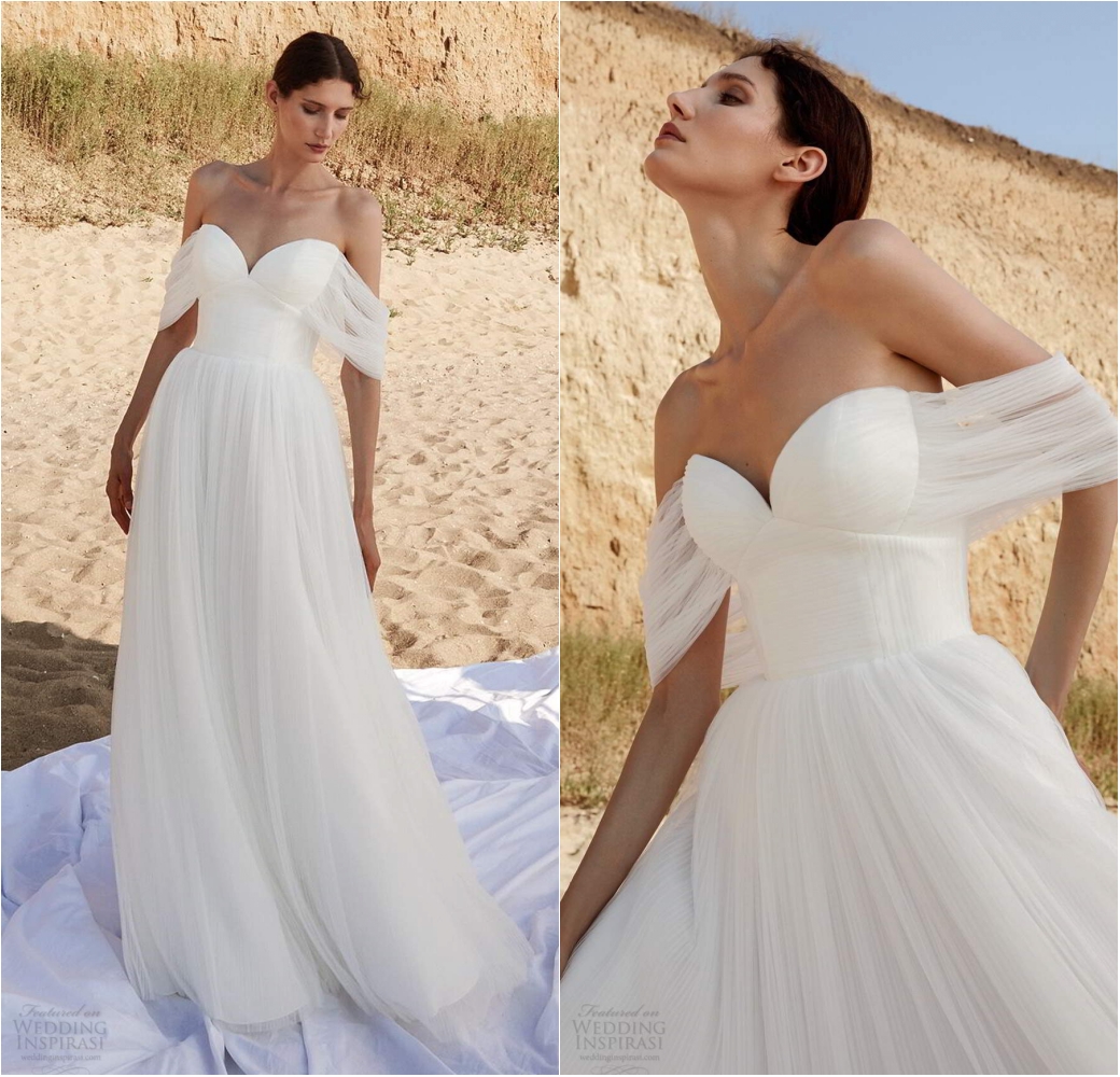 New Beach Tulle Wedding Dresses Sexy Off Shoulder Ruffles Short Sleeve Bridal Gowns Backless Summer Sweep Train Wedding Dress