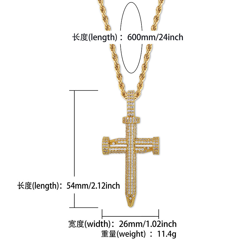18K Gold & White Gold CZ Cublic Zirconia Nail Cross Pendant Necklace for Lovers Couples Iced Out Hip Hop Jewelry Gifts for Men and Women
