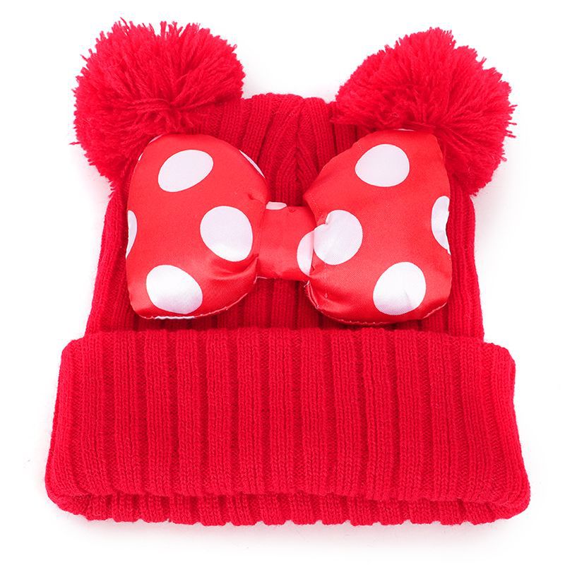 2020 4 Colors Baby Pom Pom Beanie Cap Toddler Kids Baby Girls Winter Warm Crochet Knitted Hat Double Fur Ball Dot Bow Printed Bow Hats M748