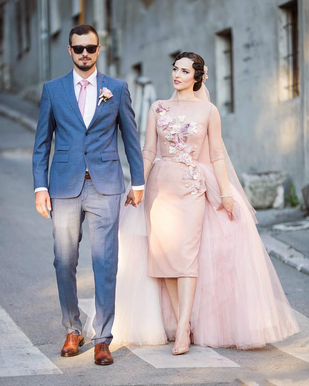 Blush Pink Gothic Wedding Dress With Overskirt Detachable Train Long Sleeve Tea Length Elegant 2020 Floral Short Wedding Dress Bridal Gowns