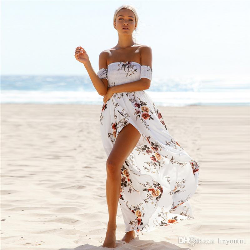 2020 casual dresses Boho style long dress women Off shoulder beach summer dress new year Vintage chifon white maxi dress vestidos de festa