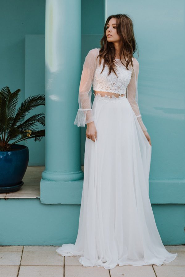 daisy bohemian wedding dresses two pieces long sleeve lace chiffon plus size beach boho chic bridal gowns robe de marie