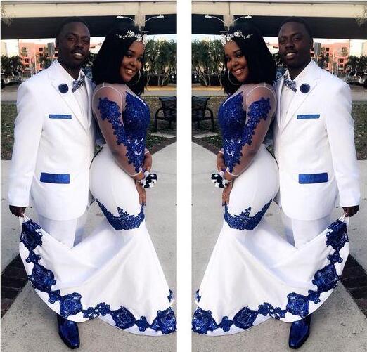 New White Satin Royal Blue Lace Aso Ebi African Prom Dresses Long Illusion Sleeves Applique Evening Formal Gowns Pageant Celebrity Dress