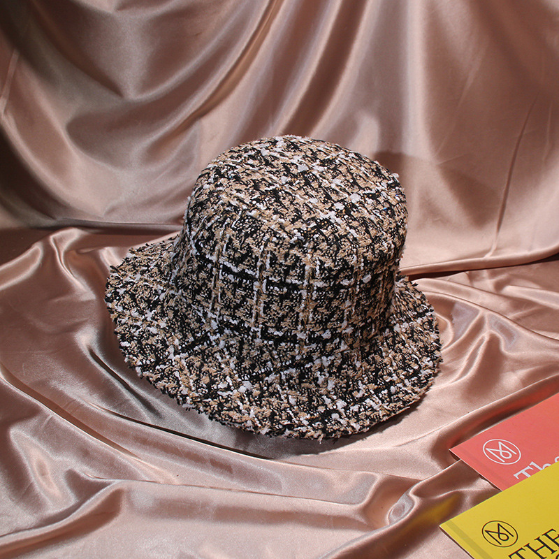 Autumn Winter Women Tweed Hats Bucket Hat Caps Chic Plaid 5 Colors Fisherman Panama Knitted Bucket Hat T200116