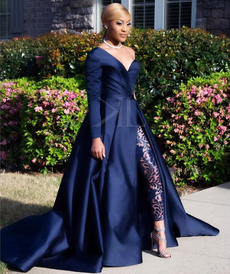 Navy Blue Evening Dresses 2019 Sexy One Shoulder Sleeve Jumpsuit Prom Gowns Soft Satin Court Train Formal Party Dress