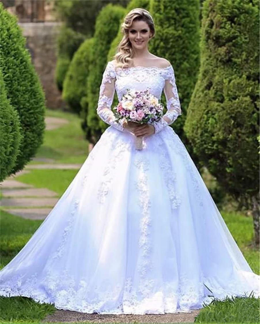 New Modern Cheap A Line Wedding Dresses Long Sleeves Off The Shoulder Appliques Lace Beaded Sweep Train Illusion Arabic Formal Bridal Gowns