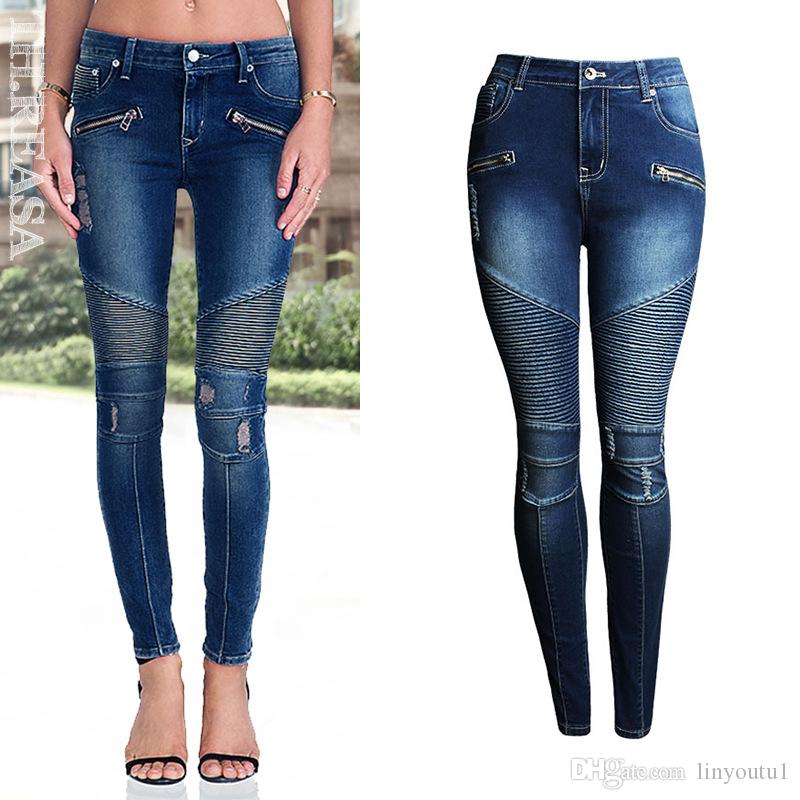 2020 Women`s Motorcycle Biker Zip Mid High Waist Stretch Denim Skinny Pants Motor Jeans For Women