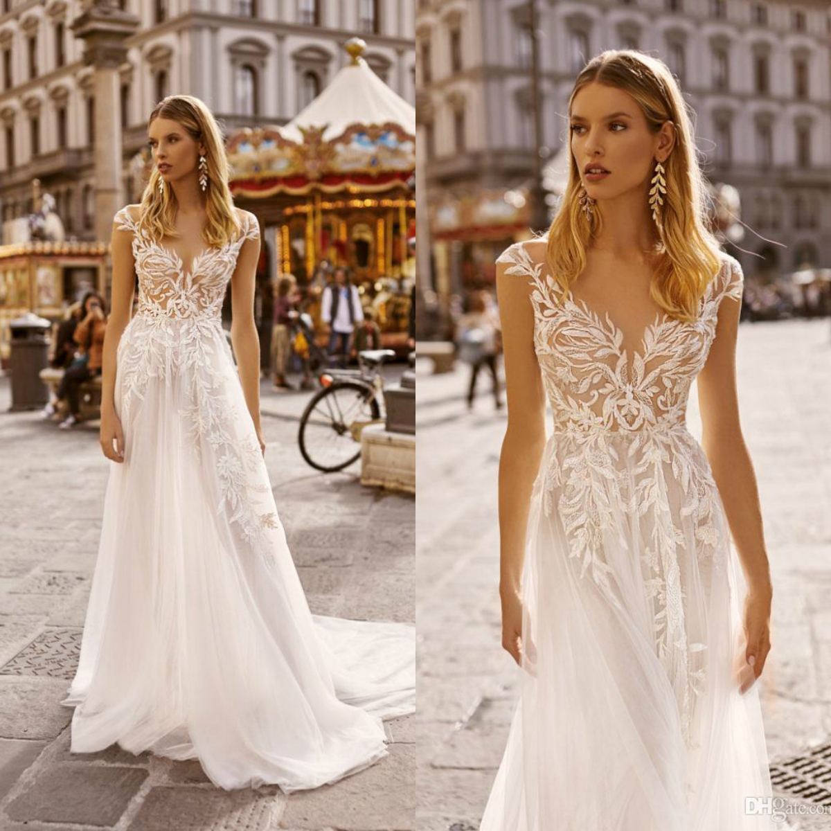 2020 Backless Wedding Dresses Lace Appliqued Cap Sleeve Beach Boho Sheer Jewel Neck Neck Beads Illusion Bridal Gowns Vestido De Novia