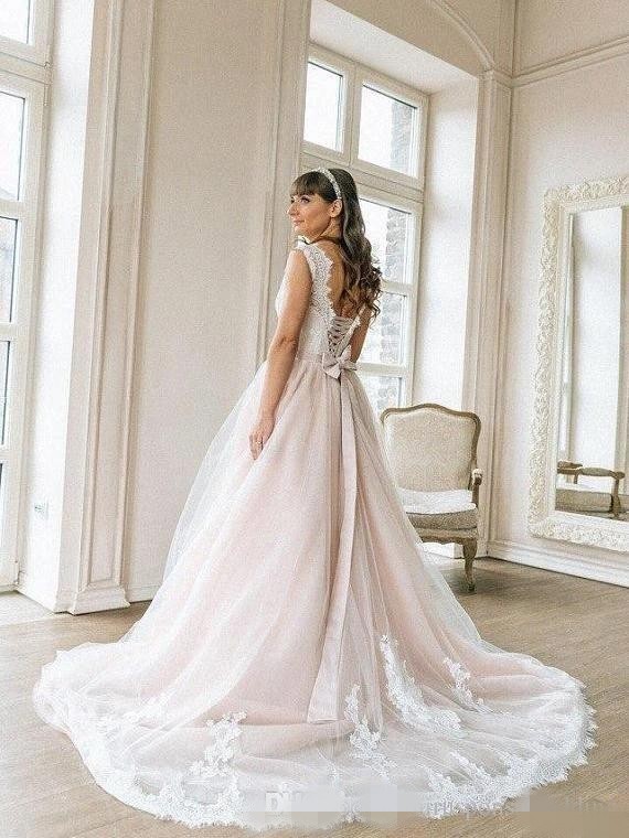 Blush Dresses Lace Scalloped Neckline Tulle Applique Corset Back Ribbon Sash Custom Made Wedding Gown Vestido De Novia