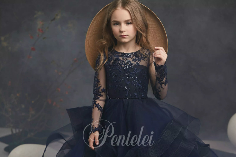 Dreamly A Line Flower Girl Jewel Long Sleeve Lace Applique Crystal Tiered Pageant Dress Floor Length Girl's Birthday Part 0431