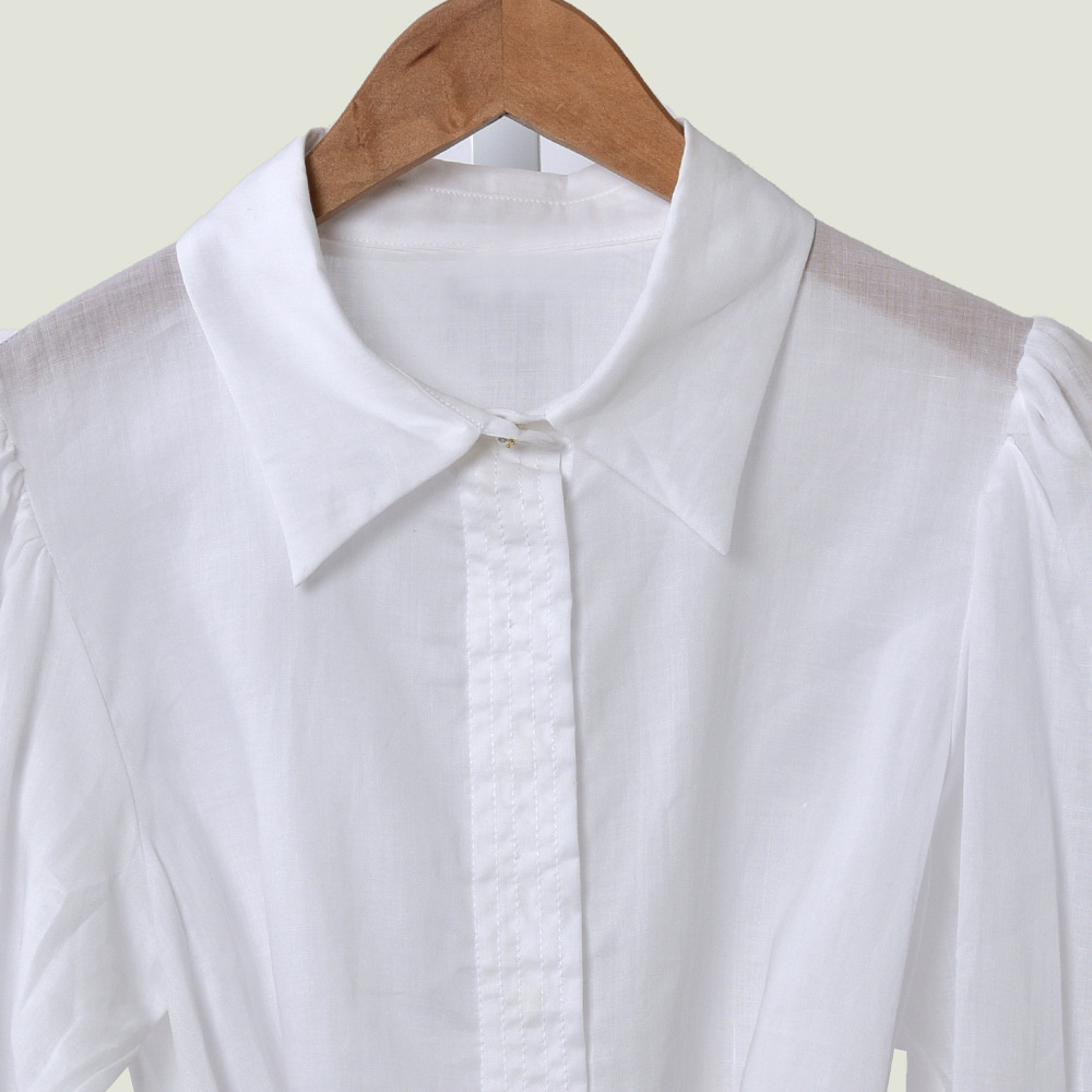 2020 Spring Summer 3/4 Sleeve Lapel Neck White Pure Color Belted Blouse Women Fashion Shirt W0615017