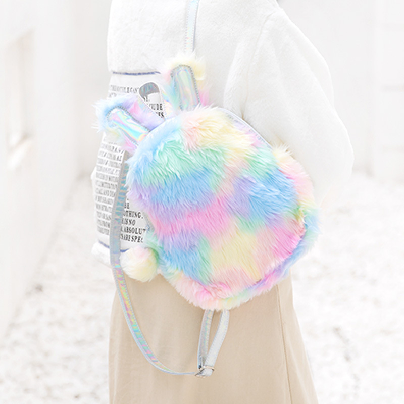 Plush Unicorn Hologram Backpacks Women Laser Mini Double Shoulder Bag Kawaii Lolita Student Rainbow Fur Backpack with Cute Ear Y18110202