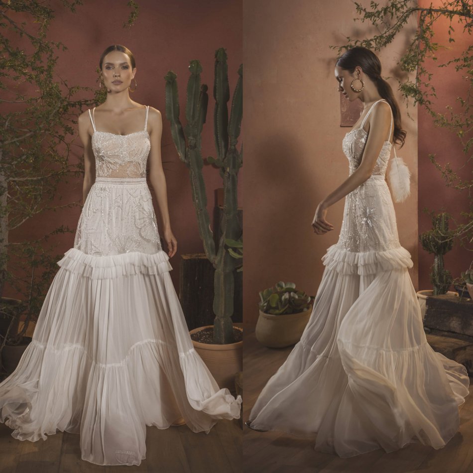 chic beading wedding dresses spaghetti neck boho appliqued bridal gowns floor length chiffon wedding dress robe de marie