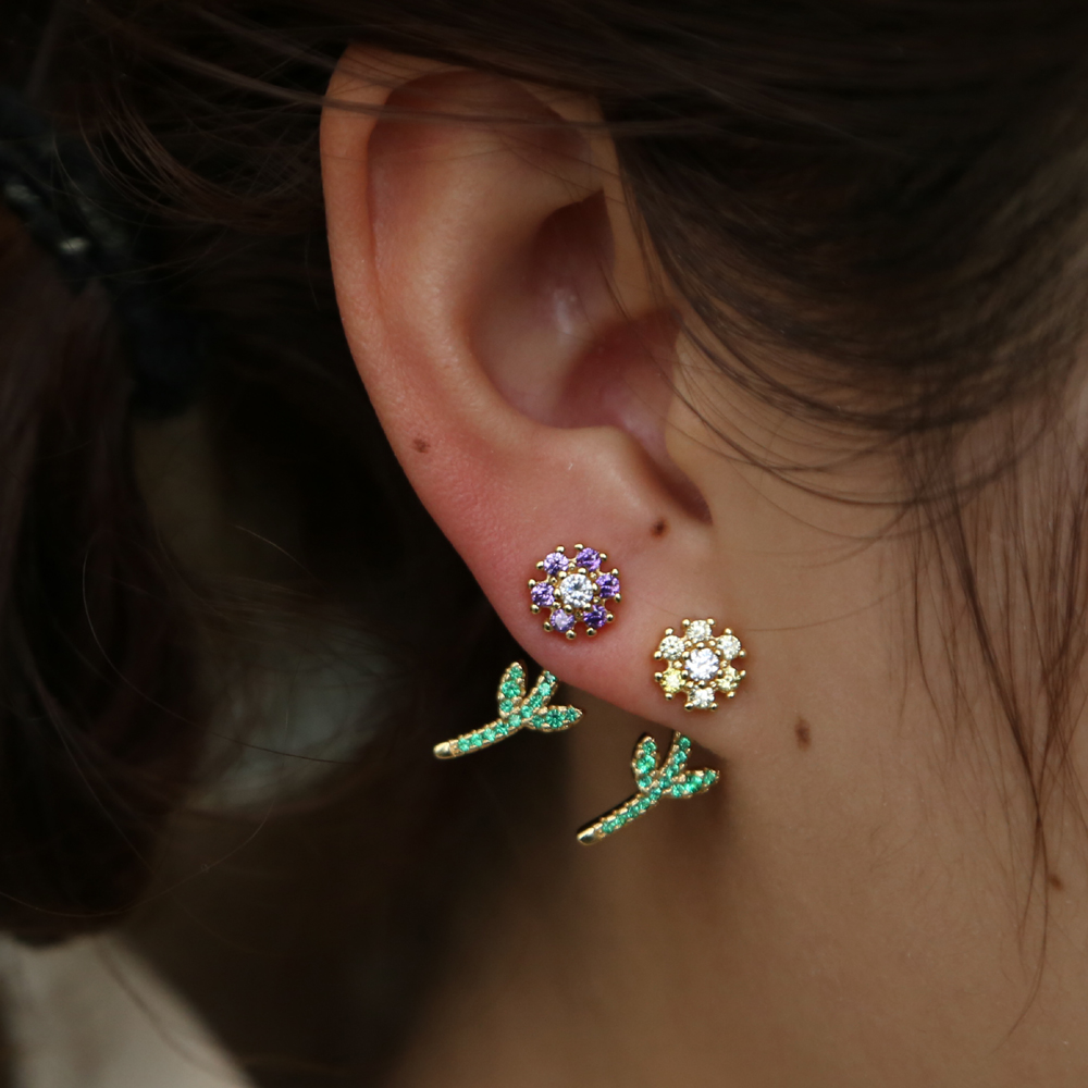 2024 spring new arrived jewelry earring for girl women Bloom flower leaves green rainbow cz paved trendy jewelry