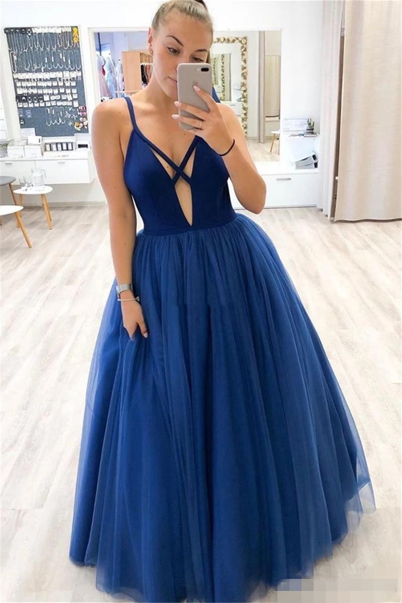 Royal Blue Sexy Prom Dresses Plunging V Neck Satin Tulle Or Length A E Spaghetti Straps Formal Eevening Graduation Party Gown 0914