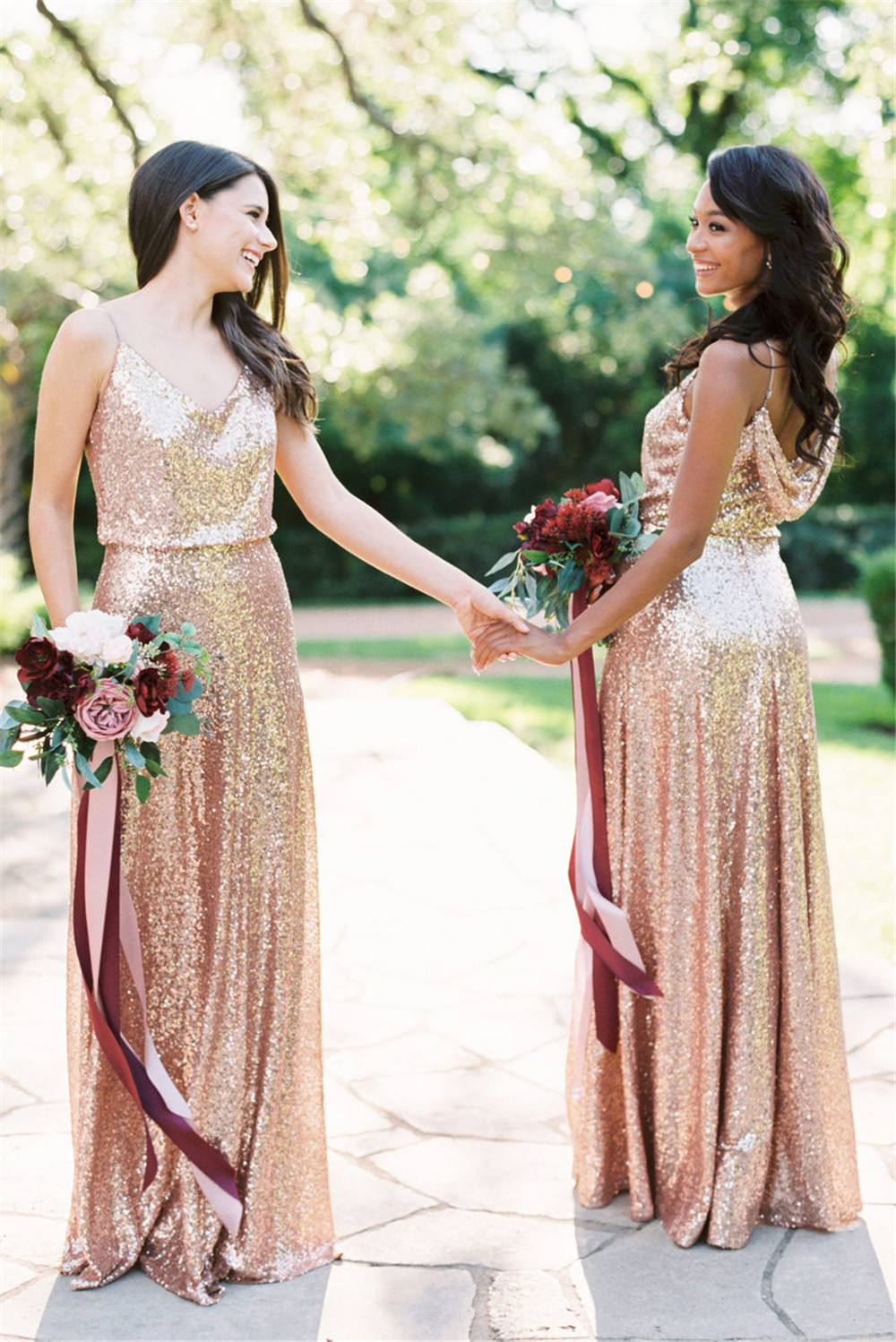 Long Rose Gold Sequins Country Bridesmaid Dresses South African Spaghetti Straps Full Length Summer Beach Maid of Honor Cheap Backless Gowns