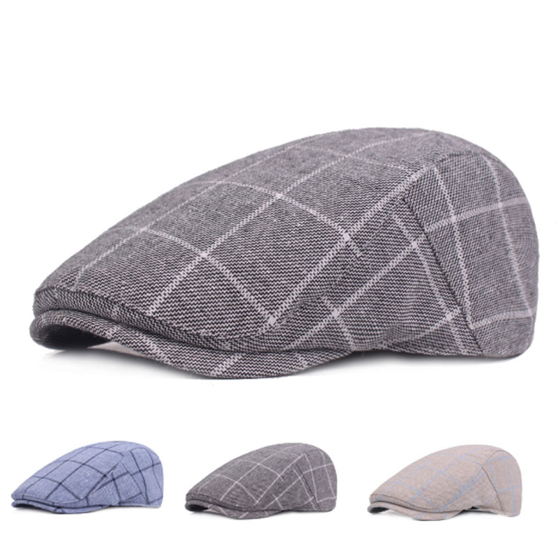 Fashion Breathable Plaid Beret Hat For Men Spring Autumn Vintage Grid Visor Mal…